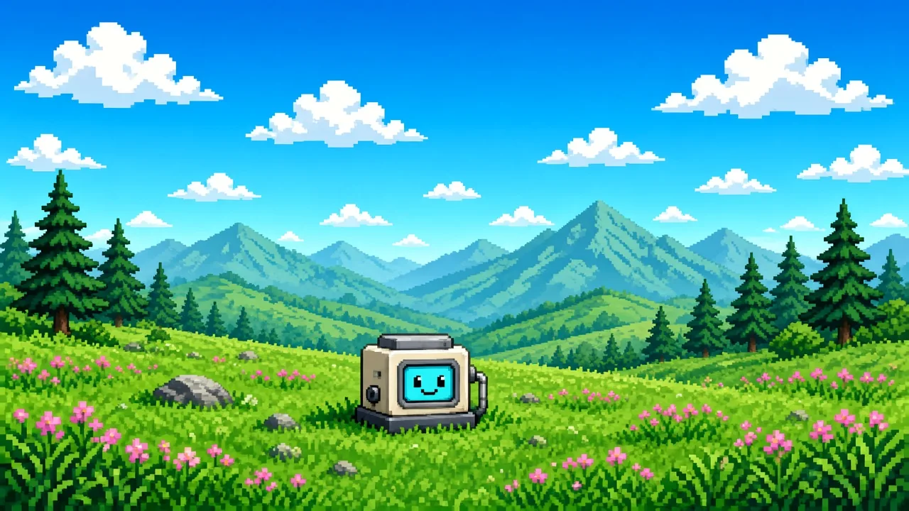 Pixel meadow from the Pepkio Edu game, with a small robot companion